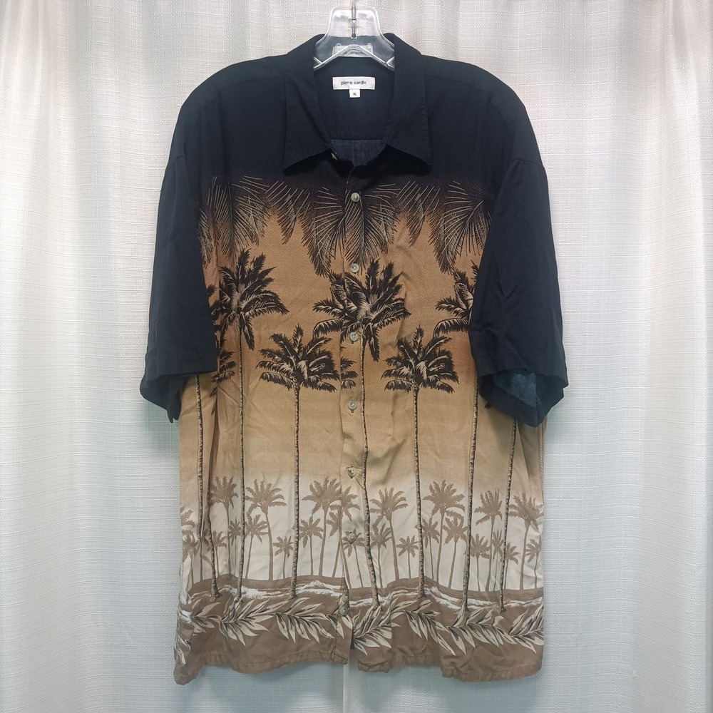 Pierre Cardin Mens XL Rayonโ Palm Tree Ombre Tropical Camp Shirt Black Tan Beach